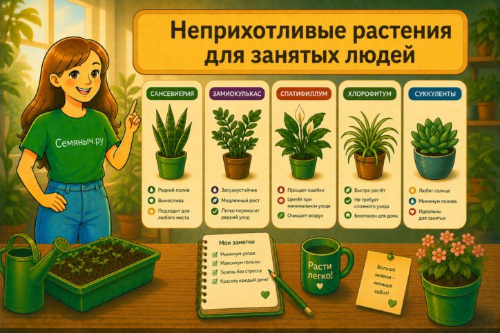 Уютный домашний подоконник с неприхотливыми растениями в интерьере, демонстрирующий спокойный и простой уход. Иллюстрация для материала Семяныч.ру