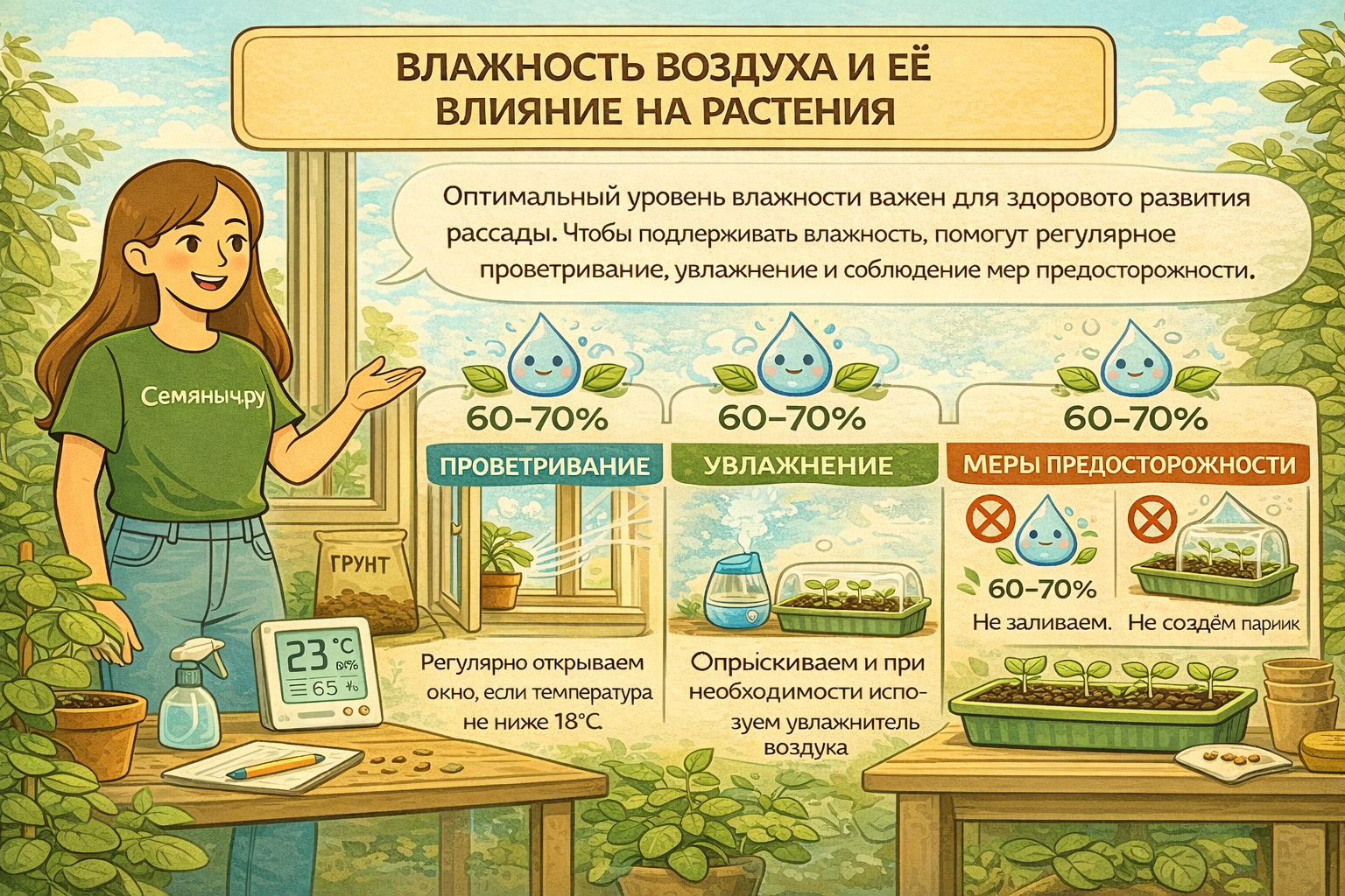 Оптимальная влажность воздуха — важный элемент здорового роста растений. Экспертный подход и качественные семена от Семяныч.ру помогают создать идеальные условия на любом этапе выращивания.