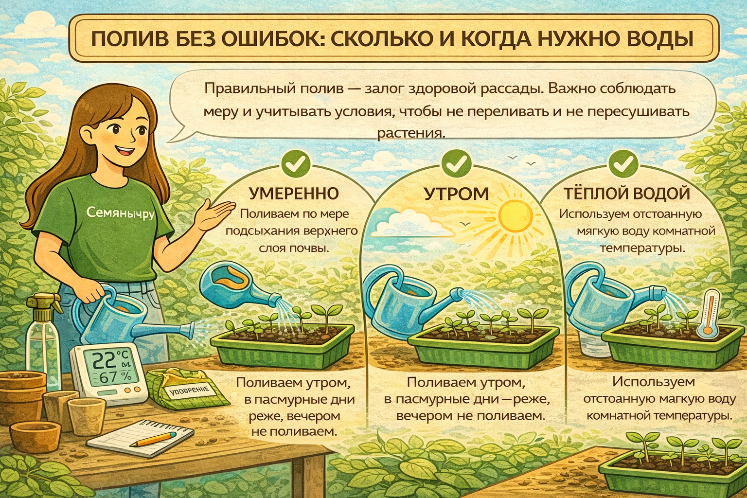 Грамотный полив — основа здоровых растений. Эксперты Семяныч.ру рекомендуют соблюдать баланс влаги и начинать выращивание с качественных семян.